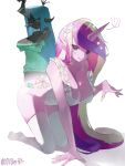  2girls all_fours aqua_hair black_skin bow breasts cleavage colored_skin cutie_mark green_sweater highres horns huge_breasts leotard lingerie long_hair looking_at_viewer monster_girl multicolored_hair multiple_girls my_little_pony my_little_pony:_equestria_girls my_little_pony:_friendship_is_magic personification pink_eyes pink_skin princess_cadance principal_cadance queen_chrysalis simple_background single_horn sweater thighhighs underwear very_long_hair white_background white_leotard white_thighhighs xdxday365 