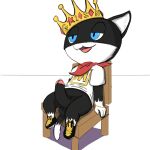 1:1 absurd_res anthro aroused aroused_smile atlus balls black_body black_fur blue_eyes chain chair clothed clothing crown domestic_cat erection felid feline felis footwear foreskin fur furniture genitals headgear hi_res humanoid_genitalia humanoid_penis kerchief male mammal markings mask megami_tensei morgana_(persona) narrowed_eyes on_chair open_mouth pantsless partially_clothed penis persona_(series) persona_5 presenting presenting_penis retracted_foreskin scarf sega sharp_teeth shirt shoes sitting sitting_on_chair solo tail tail_markings teeth topwear tuxedo_cat twerpishimp white_body white_fur