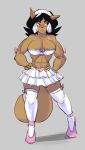  2018 abs alternate_costume anthro black_hair blush breasts brown_fur cat choker cleavage clothed clothing dbaru felina_feral feline female fur hair hand_on_hip hi_res legwear lingerie looking_aside mammal muscular pose simple_background skirt solo standing swat_kats thigh_highs white_hair 