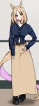  1girl acaa alternate_costume animal_ears belt black_belt black_choker black_shoes blonde_hair breasts brown_skirt choker cleavage full_body highres horse_ears horse_girl horse_tail large_breasts multicolored_hair narita_top_road_(umamusume) pink_eyes pink_hair shoes skirt smile standing tail two-tone_hair umamusume 