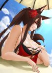  akagi_(azur_lane) animal_ears areola_slip areolae azur_lane bangs beach_umbrella bikini black_hair blush breasts cleavage closed_mouth commentary_request day flower foreshortening fox_ears fox_tail from_side hair_flower hair_ornament halter_top halterneck kitagawa_onitarou large_breasts long_hair looking_at_viewer looking_to_the_side lying nail_polish on_side outdoors ponytail profile red_eyes red_nails sidelocks smile solo swimsuit tail umbrella 