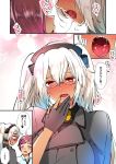  1girl admiral_(kantai_collection) breasts colorized finger_to_mouth fingerless_gloves glasses gloves grey_gloves hair_between_eyes heart_bubbles heavy_breathing highres kantai_collection large_breasts masago_(rm-rf) musashi_(kantai_collection) necktie open_mouth remodel_(kantai_collection) speech_bubble translated white_hair 