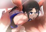  black-framed_eyewear black_hair blue_eyes blurry breasts censored commentary deepthroat depth_of_field fellatio glasses highres idolmaster idolmaster_shiny_colors long_hair mitsumine_yuika mosaic_censoring nipples oral penis q_(ed69) small_breasts solo_focus twintails 