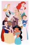  6+girls aladdin_(disney) animal apron ariel_(disney) artist_name aurora_(disney) basket beauty_and_the_beast belle_(disney) bird black_hair black_hairband blue_eyes blue_hairband book breasts brown_eyes bubble cape cinderella cinderella_(disney) cleavage closed_eyes commentary_request crop_top dark-skinned_female dark_skin disney_princess hairband harem_pants headscarf highres holding holding_animal holding_basket holding_bird holding_book jasmine_(disney) mermaid midriff monster_girl multiple_girls navel off-shoulder_shirt off_shoulder pants puffy_short_sleeves puffy_sleeves reading red_cape red_hair shell shell_bikini shirt short_sleeves skirt_hold sleeping_beauty small_breasts snow_white_(disney) snow_white_and_the_seven_dwarfs tarolotta the_little_mermaid waist_apron watermark 