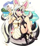  1girl absurdres animal_ears breasts chained_legs cleavage dress fire_emblem fire_emblem_engage fire_emblem_heroes grey_hair hair_ornament highres hoshinokotta looking_at_viewer multicolored_hair official_alternate_costume open_mouth pleated_dress purple_eyes rabbit_ears small_breasts teeth two-tone_hair upper_teeth_only veyle_(fire_emblem) veyle_(spring)_(fire_emblem) wavy_hair wing_hair_ornament 