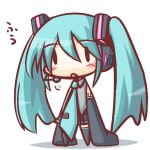  1girl aqua_hair aqua_necktie black_boots black_skirt black_sleeves blush_stickers boots chibi chibi_only collared_shirt commentary_request grey_shirt hatsune_miku headset ikkyuu jaggy_lines long_hair long_sleeves necktie oversized_clothes painttool_sai_(medium) pleated_skirt shirt simple_background skirt sleeveless sleeveless_shirt sleeves_past_fingers sleeves_past_wrists solo thigh_boots tie_clip translation_request twintails vocaloid white_background 