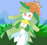  2018 blush bottomless boxf clothed clothing featureless_chest female flora_fauna green_hair hair lilligant navel nintendo not_furry nude orange_sclera plant pok&eacute;mon pok&eacute;mon_(species) pussy solo thick_thighs thigh_gap video_games white_eyes white_skin 