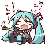  1girl :o aqua_necktie black_boots black_skirt black_sleeves blush_stickers boots chibi chibi_only closed_eyes collared_shirt commentary_request detached_sleeves food grey_shirt hatsune_miku headset holding holding_food holding_spring_onion holding_vegetable ikkyuu long_hair lowres miku_miku_ni_shite_ageru_(vocaloid) necktie open_mouth shirt simple_background sitting skirt solo spring_onion thigh_boots tie_clip translated twintails vegetable vocaloid white_background 