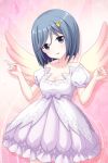  alternative_girls angel angel_wings blue_eyes blush breasts bunny_hair_ornament cleavage collarbone cowboy_shot dress eyebrows_visible_through_hair frilled_dress frills grey_hair hair_ornament lavender_dress looking_at_viewer medium_breasts official_art orimiya_yui parted_lips pink_background puffy_short_sleeves puffy_sleeves short_hair short_sleeves simple_background smile standing white_dress wings 