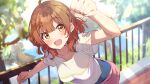  1girl absurdres ahoge blush breasts brown_hair commentary_request gakuen_idolmaster gradient_hair hanami_ume highres idolmaster looking_at_viewer medium_breasts medium_hair multicolored_hair orange_hair outdoors pink_shorts railing reikakrzk shirt shorts smile solo t-shirt 
