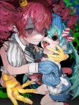  2girls absurdres apron black_choker black_eyes black_necktie blue_dress blue_hat bow choker collared_shirt dress drill_hair fangs gaku gloves grin hair_between_eyes hat hat_bow hatsune_miku highres hug kasane_teto long_hair mesmerizer_(vocaloid) multiple_girls necktie open_mouth pants pinstripe_dress pinstripe_hat pinstripe_pattern red_bow red_eyes red_pants red_shoes shirt shoes smile smiley_hat_ornament striped_clothes striped_shirt suspenders sweat tongue tongue_out twin_drills twintails utau visor_cap vocaloid waist_apron white_apron white_bow yellow_gloves 