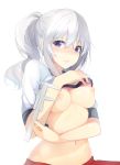  alternate_costume alternate_hairstyle blue_eyes blush breasts commentary grey_hair highres inushi kantai_collection kashima_(kantai_collection) looking_at_viewer medium_breasts navel nipples nose_blush ponytail shirt_lift simple_background solo upper_body white_background 