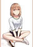  absurdres adidas bangs blonde_hair blue_eyes blush bob_cut dated gym_shirt gym_shorts hair_between_eyes highres indian_style looking_at_viewer mango_(mgo) nike original product_placement shirt shoes short_hair shorts signature sitting slit_pupils smile sneakers solo v_arms 