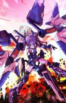  1girl absurdres aqua_halo aris_(blue_archive) aris_(mecha_suit)_(blue_archive) bare_shoulders black_gloves blue_archive blue_eyes blue_hair bright_pupils detached_sleeves dynamic_pose explosion fighting_stance fire flying full_body gloves gun hair_between_eyes hair_ornament halo headgear highres holding holding_gun holding_weapon long_hair looking_at_viewer mecha mecha_musume mechanical_arms mechanical_legs official_alternate_costume official_alternate_hairstyle outdoors pink_sky purple_hair rectangular_halo ringed_eyes robot sky solo sparkle thighhighs thomason366 twintails twitter_username v-shaped_eyebrows weapon white_pupils 