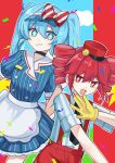  2girls :3 alternate_costume apron black_choker black_necktie blue_dress blue_eyes blue_hair blue_sky bright_pupils buttons choker cloud collared_dress collared_shirt commentary_request confetti double-breasted dress drill_hair gloves hair_between_eyes hat hatsune_miku highres kasane_teto kepi layered_dress mesmerizer_(vocaloid) military_hat multiple_girls necktie open_mouth pants pinstripe_dress pinstripe_pattern red_pants sailor_collar shirt short_sleeves skirt sky sleeves_rolled_up smiley_hat_ornament star-shaped_pupils star_(symbol) symbol-shaped_pupils twin_drills twintails upper_body utau vocaloid waist_apron white_apron white_pupils white_wrist_cuffs wrist_cuffs yellow_gloves yuruka_uono 