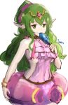  artist_name bracelet chiki chiki_(cosplay) commentary cosplay english_commentary fantasy fire_emblem fire_emblem:_kakusei fire_emblem:_monshou_no_nazo fire_emblem_heroes food gold_trim green_eyes green_hair hair_ribbon highres ippers jewelry long_hair mamkute pink_swimsuit pointy_ears ponytail popsicle ribbon simple_background solo swimsuit tiara white_background wristband 