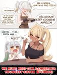  3girls ahoge apron aurelia_(mockingeu) bare_shoulders blonde_hair blush breasts brown_apron cleavage collarbone commentary crop_top damilola_(mockingeu) dark-skinned_female dark_skin divya_(mockingeu) eating english_commentary english_text facial_mark food gradient_hair green_hair hair_between_eyes hair_over_eyes heart highres holding holding_food holding_pizza large_breasts long_hair mockingeu multicolored_hair multiple_girls off_shoulder open_mouth original oven_mitts pizza pointy_ears side_ponytail small_sweatdrop speech_bubble thought_bubble thumbs_up two_side_up very_long_hair white_hair yellow_eyes 
