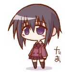  1girl bamboo_blade black_hair black_thighhighs bow bowtie chibi chibi_only closed_mouth collared_shirt commentary_request expressionless hair_between_eyes ikkyuu jacket jaggy_lines kawazoe_tamaki long_sleeves lowres pleated_skirt purple_bow purple_bowtie purple_eyes purple_skirt red_jacket school_uniform shirt short_hair_with_long_locks simple_background skirt solo tareme thighhighs translated white_background white_shirt 