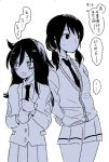  arms_behind_back blazer cardigan commentary greyscale jacket kuroki_tomoko low_twintails miniskirt monochrome multiple_girls necktie school_uniform single_stripe skirt tamura_yuri translated twintails washimizu watashi_ga_motenai_no_wa_dou_kangaetemo_omaera_ga_warui! 