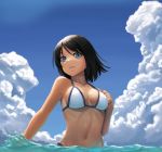  bangs bare_arms bare_shoulders bikini black_hair blue_eyes blue_sky breasts cleavage collarbone commentary day eyebrows_visible_through_hair floating_hair grin hair_between_eyes hand_up highres looking_at_viewer medium_breasts navel ocean original outdoors partially_submerged ranma_(kamenrideroz) short_hair sky smile solo stomach summer swimsuit upper_body wet white_bikini wind 