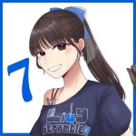  1girl actor actor_connection arm_at_side assault_lily black_gloves black_shirt blue_border blue_bow blush border bow breasts brown_eyes brown_hair butterfly_earrings clothes_writing commentary_request cosplay countdown earrings funada_kiito funada_kiito_(cosplay) gloves grin hair_bow halftone hand_up highres ishii_haruna jewelry long_hair looking_at_viewer medium_breasts mole mole_under_eye nigari_(ngari_0115) outside_border parted_lips ponytail real_life see-through_bow shirt short_sleeves simple_background single_bare_shoulder single_off_shoulder smile solo upper_body white_background 