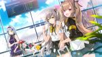  4girls :d aircraft airplane airport armband bangs black_bow black_hairband black_jacket black_skirt blue_sky blurry blurry_foreground blush bow breasts brown_eyes brown_hair closed_eyes cloud cloudy_sky commentary_request day depth_of_field dinergate_(girls_frontline) dress dress_shirt dutch_angle english eyebrows_visible_through_hair facial_mark g11_(girls_frontline) girls_frontline green_eyes hair_between_eyes hair_bow hair_ornament hair_over_one_eye hairband hairclip heart highres hk416_(girls_frontline) holding indoors jacket juna long_hair long_sleeves looking_at_viewer looking_to_the_side medium_breasts miniskirt multiple_girls official_art one_side_up open_clothes open_jacket open_mouth pleated_skirt purple_dress purple_eyes scar scar_across_eye shirt short_sleeves sidelocks silver_hair skirt sky sleeping sleeves_pushed_up smile twintails ump45_(girls_frontline) ump9_(girls_frontline) very_long_hair white_shirt 