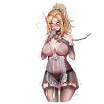  blonde_hair blood_elf blush breasts condom elf elf_ears fishnet_legwear fishnet_top fishnets green_eyes large_breasts long_hair maid mr.skull panties pointy_ears slave tattoo underwear valeera_sanguinar warcraft world_of_warcraft 