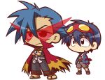  2boys belt black_eyes black_pants blue_hair blue_jacket brown_shorts cape chibi chibi_only closed_mouth commentary_request crossed_arms dark-skinned_male dark_skin goggles goggles_on_head green_shoes grey_belt grey_sandals hair_between_eyes ikkyuu jacket kamina_(ttgl) long_sleeves male_focus midriff_sarashi multiple_boys open_clothes open_jacket pants red_cape red_eyes red_trim sandals sanpaku sarashi shoes short_hair shorts simon_(ttgl) simple_background smile tengen_toppa_gurren_lagann torn_cape torn_clothes white_background 
