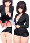  ass bangs black_hair black_jacket black_skirt black_suit blunt_bangs blush bob_cut breasts brown_eyes buttons cleavage closed_mouth collarbone commentary_request cowboy_shot eyebrows_visible_through_hair fingernails formal hand_on_own_thigh highres holding holding_paper ishimiso_(ishimura) jacket large_breasts leaning_forward long_sleeves looking_at_viewer microskirt multiple_views no_pants office_lady original panties pantyshot paper parted_lips pencil_skirt shiny shiny_hair shiny_skin short_hair simple_background skirt skirt_suit smile standing suit thigh_gap thighs underwear uniform white_background white_panties 