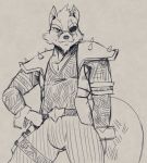  anthro armor canine clothed clothing eye_patch eyewear latchk3y male mammal monochrome nintendo scar simple_background sketch solo standing star_fox video_games wolf wolf_o&#039;donnell 
