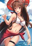  :d adapted_costume artist_name bare_arms bare_shoulders bikini blue_sky breasts brown_hair cherry_blossoms cleavage cloud collar collarbone day flower hair_between_eyes hair_flower hair_intakes hair_ornament headgear holding holding_umbrella horizon kantai_collection large_breasts long_hair looking_at_viewer navel ocean open_mouth oriental_umbrella outdoors parasol red_umbrella sakiyamama sarong shiny shiny_skin sky smile solo summer swimsuit tan thigh_strap umbrella very_long_hair water white_bikini yamato_(kantai_collection) 