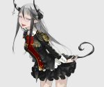  choker earrings fangs grey_hair horns jewelry lips long_hair military military_uniform multicolored_hair nail_polish original purple_eyes redjuice ribbon simple_background skirt solo tail tongue tongue_out two-tone_hair uniform 