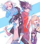  ... 2boys 3girls ahoge akamatsu_kaede blonde_hair brown_hair collared_jacket commentary_request cosplay danganronpa_(series) danganronpa_2:_goodbye_despair danganronpa_v3:_killing_harmony digital_dissolve earphones ene_(kagerou_project) ene_(kagerou_project)_(cosplay) facial_hair flipped_hair floating goatee grin hair_between_eyes hand_in_pocket harukawa_maki headphones hood hood_up hoodie jacket jersey kagerou_project kano_shuuya kano_shuuya_(cosplay) kido_tsubomi kido_tsubomi_(cosplay) kisaragi_shintarou kisaragi_shintarou_(cosplay) long_hair long_sleeves looking_at_viewer momota_kaito multiple_boys multiple_girls nanami_chiaki oma_kokichi one_eye_closed open_mouth pants partial_commentary pink_eyes pink_hair pleated_skirt purple_eyes purple_facial_hair purple_hair purple_hoodie red_eyes shirt short_hair simple_background single_stripe skirt smile spiked_hair spoken_ellipsis sweatdrop teeth track_jacket tsuki_miyabi twintails v very_long_sleeves 