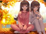  2girls autumn blue_eyes brown_hair dress headphones leaves lee_seok_ho long_hair original phone purple_eyes signed 