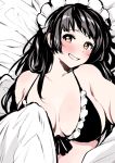  bangs bare_shoulders bed_sheet bikini black_bikini black_hair blush breasts collarbone frilled_bikini frills front-tie_bikini front-tie_top grin large_breasts long_hair maid_bikini maid_headdress orange_eyes original simple_background smile solo swimsuit teeth uekan white_background 