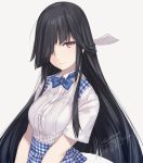 artist_name black_hair bow bowtie breasts brown_eyes commentary_request dated eyebrows_visible_through_hair eyes_visible_through_hair gingham grey_background hair_over_one_eye hair_tie hayashimo_(kantai_collection) kantai_collection kobeya koubeya_uniform light_smile long_hair looking_at_viewer medium_breasts plaid rokuwata_tomoe sidelocks signature simple_background solo underbust waitress 