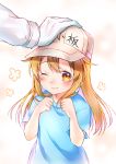  baseball_cap blue_shirt blush brown_eyes commentary gloves happy hat hataraku_saibou highres kawaii2penguin light_brown_hair one_eye_closed out_of_frame petting platelet_(hataraku_saibou) shirt smile solo_focus white_gloves 