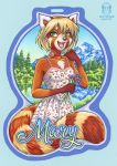  2018 anthro blonde_hair breasts brown_fur brown_nose clothed clothing female fur green_eyes hair kacey mammal red_panda smile solo 