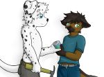  2012 anthro anthro_on_anthro belt beverage biped black_fur black_nose blue_eyes blush brown_fur brown_hair bulge can canine clothed clothing dalmatian dog duo ears_down erection erection_under_clothes fur fur_markings gloves_(marking) green_eyes hair hammer head_tuft holding_object log_(artist) looking_at_another looking_away male male/male mammal markings midriff multicolored_fur pants shirt signature simple_background smile spots tools topless two_tone_fur white_background white_fur 