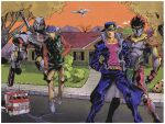  2boys 3others ark_nemesis baseball_cap belt bird black_hair blue_gakuran blue_hat blue_pants brown_pants car collared_jacket commission green_jacket hat highres jacket jojo_no_kimyou_na_bouken kujo_jotaro megatron_(idw) motor_vehicle multiple_boys multiple_others optimus_prime_(idw) orange_sky pants pelvic_curtain pink_shirt real_life red_car red_sleeves shirt shoulder_pads sky stand_(jojo) star_platinum stardust_crusaders the_transformers_(idw) transformers white_bird 