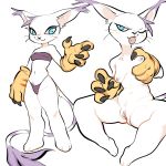  anthro big_ears blue_eyes breast_grab breasts claws closed clothing digimon fangs feline female gatomon glacierclear gloves hair hand_on_breast long_tail mammal navel nipples one_eye_closed purple_hair pussy small_breasts solo strapless_bra thong tongue tongue_out top whiskers wink 
