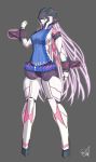  aran_sweater arm_at_side blue_sweater breasts chainsaw doyouwantto full_body glowing glowing_hair grey_background hand_up highres large_breasts legs_apart long_hair looking_away meme_attire original purple_hair ribbed_sweater robot sideboob signature simple_background sleeveless sleeveless_turtleneck solo standing sweater turtleneck turtleneck_sweater very_long_hair virgin_killer_sweater weapon 