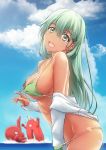  :d aqua_hair ass bare_shoulders bikini bikini_tug blue_sky blush breasts cleavage cloud day enemy_lifebuoy_(kantai_collection) eyebrows_visible_through_hair green_bikini green_eyes hair_ornament hairclip hand_in_bikini head_tilt jacket kantai_collection large_breasts long_hair long_sleeves looking_at_viewer open_mouth outdoors remodel_(kantai_collection) skindentation sky slowpit smile suzuya_(kantai_collection) swimsuit tan thighs 