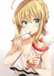  ahoge artoria_pendragon_(all) bare_shoulders blonde_hair blush breasts cleavage closed_mouth collarbone commentary_request cream eating eyebrows_visible_through_hair fate/stay_night fate_(series) food fruit gradient gradient_background green_eyes hair_ribbon kakao_rantan looking_at_viewer looking_away ribbon saber short_hair solo spoon strawberry white_background white_ribbon 