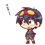  belt black_eyes blue_hair blue_jacket brown_shorts chibi commentary_request goggles goggles_on_head green_shoes grey_belt hair_between_eyes ikkyuu jacket long_sleeves male_focus midriff_sarashi open_clothes open_jacket open_mouth red_trim sarashi shoes short_hair shorts simon_(ttgl) simple_background smile tengen_toppa_gurren_lagann translation_request white_background 