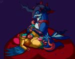 archeops blue_body clitoris collar collar_pull curling_tail duo feathers female feral flygon_(artist) fossil_pokemon generation_5_pokemon generation_8_pokemon genitals heart_pillow hi_res hisuian_form hisuian_samurott looking_down looking_up male male/female nintendo penetration penis petals pillow pokemon pokemon_(species) pussy raised_leg regional_form_(pokemon) ripparu rose_petals tail tail_around_leg tongue vaginal yellow_body