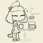  2018 animal_crossing anthro barking beverage canine chest_tuft clothing coffee coffee_mug dog eyes_closed female isabelle_(animal_crossing) itsunknownanon kitchen mammal monochrome nintendo pajamas shih_tzu slippers solo standing tired tuft video_games 