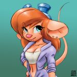  2018 anthro bangs big_ears breasts chip_&#039;n_dale_rescue_rangers cleavage clothed clothing disney ear_piercing eyewear female gadget_hackwrench goggles gradient_background hair half-closed_eyes half-length_portrait lips long_hair looking_at_viewer mammal midriff mouse navel orange_hair overalls piercing pink_nose portrait rodent simple_background smile solo sr xylas 