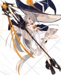  animal_ears boots breasts dress fox_ears fox_tail grey_hair hat long_hair nagishiro_mito orange_eyes original small_breasts smile tail very_long_hair white_background white_dress witch witch_hat 