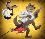 action_scene anthro balls bared_teeth barefoot beagle beard blazer butt canid canine canis clothed clothing collared_shirt domestic_dog dreamworks duo ethan_costas_(character) ethancostas facial_hair feet genitals grappling_hook hi_res hunting_dog male mammal mr._wolf_(the_bad_guys) open_mouth pantsless pawpads scent_hound shirt simple_background standing surprised_expression the_bad_guys topwear torn_clothing wolf yellow_eyes